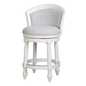 Emily 26in. Wood Barrel-Back Counter-Height Swivel Bar Stool, White with Grey Upholstered Seat and Back
