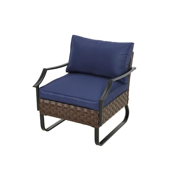 Patio Festival U-Leg Brown Wicker Outdoor Arm Chair with Blue Cushions