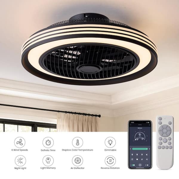 20 in. Indoor Black Bladeless Caged Ceiling Fan with Light Modern Flush Mount Ceiling Fan with Remote and APP Control