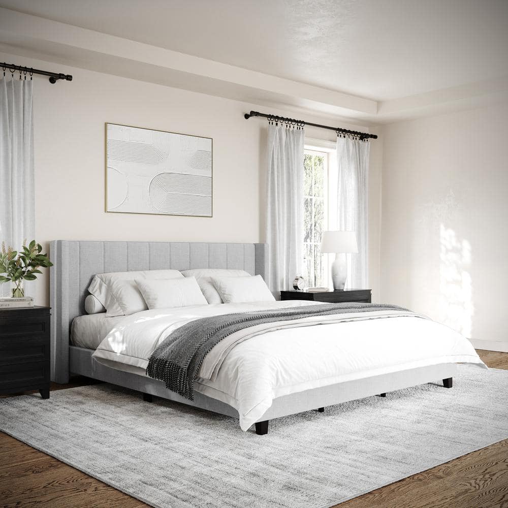 Gray King Upholstered Platform Bed with Linen Wingback Headboard