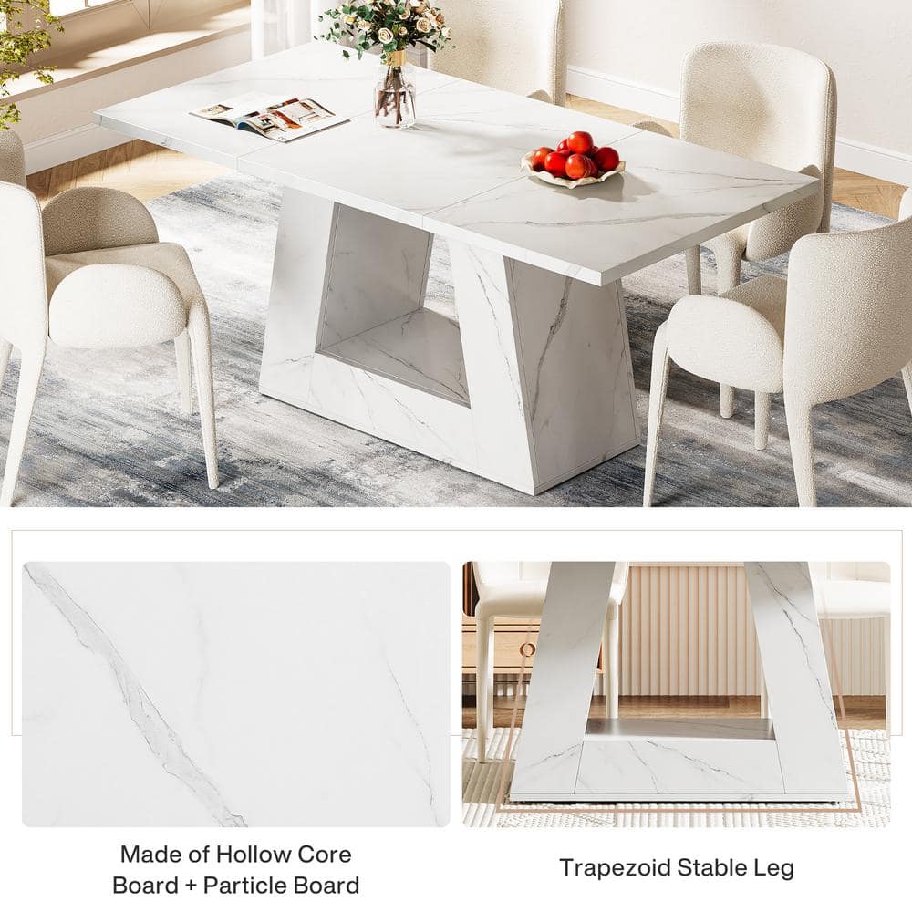 White Faux Marble Rectangular Dining Table with Trapezoidal Base