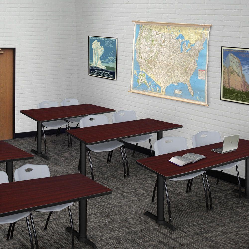 Cain 48 in. x 24 in. Mahogany T-Base Training Seminar Table Desk and 2 M Stack Chairs-Grey
