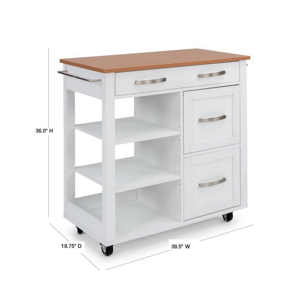 Off-White and Birch Wood Kitchen Cart with Storage