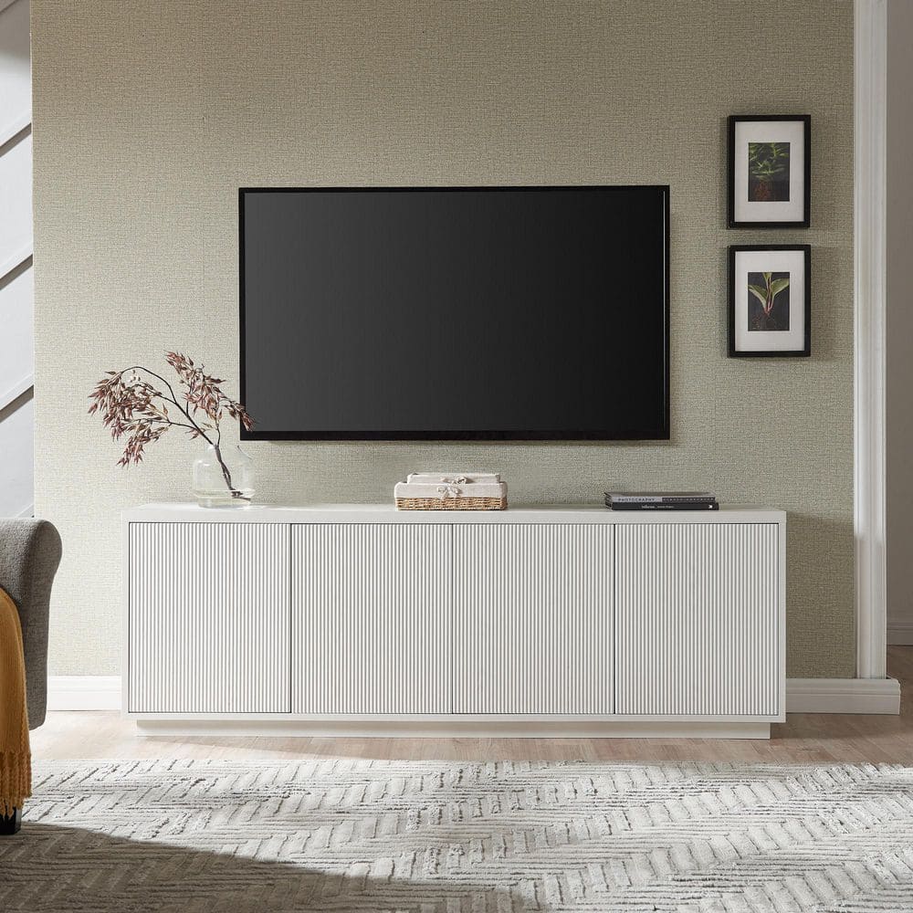 Hanson 70" White Transitional TV Stand with Textured Cabinet Doors