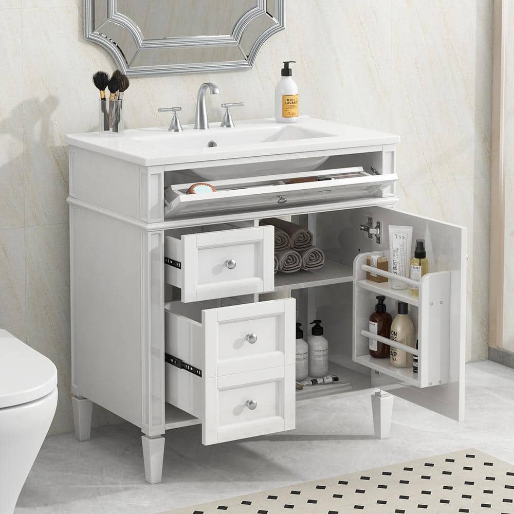 30 in. W Single Sink Bath Vanity in White with White Ceramic Top, Storage Cabinet with 2-Drawers and a Tip-out Drawer price history on PriceWatchPro