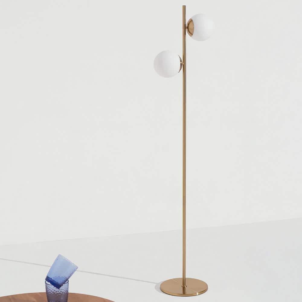 Elegant Brass Triple-Head Torchiere Floor Lamp with Glass Shades