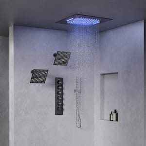 Aurora Cascade LED Showers 5-Spray Ceiling Mount 20 in. Fixed Shower 2, 10 in. Showers Handheld in Matte Black-5 Spray
