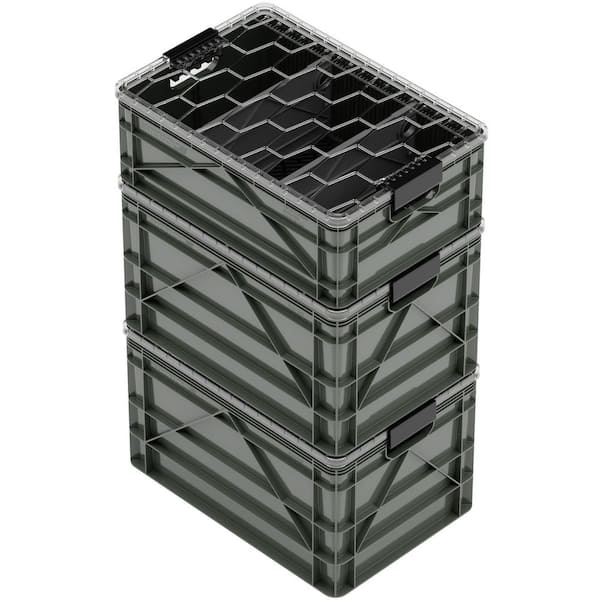 Crate Pro Pack 2 Full-Size and 1 Half-Size Heavy Duty Stackable Storage Bins with Lids, Dividers and Mats Stealth