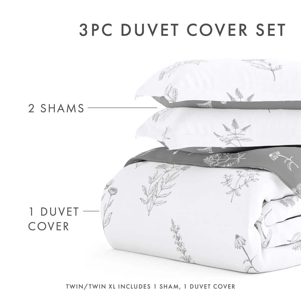 Light Gray Floral Microfiber Full/Queen Duvet Cover Set