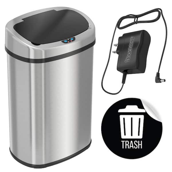 13 Gal. Stainless Steel Rectangular Metal Household Trash Can w/ Trash Sticker, Sensor Lid, Odor Filter, and AC Adapter
