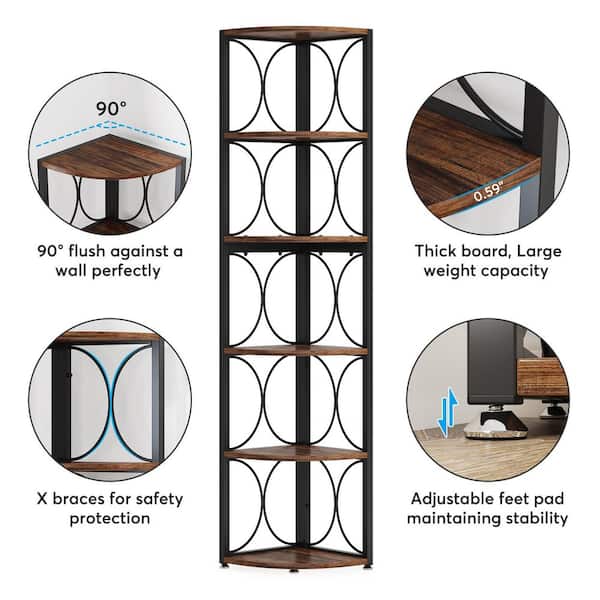 67 in. Tall Rustic Brown Engineered Wood 6-Shelf Corner Bookcase for Living Room, Small Space