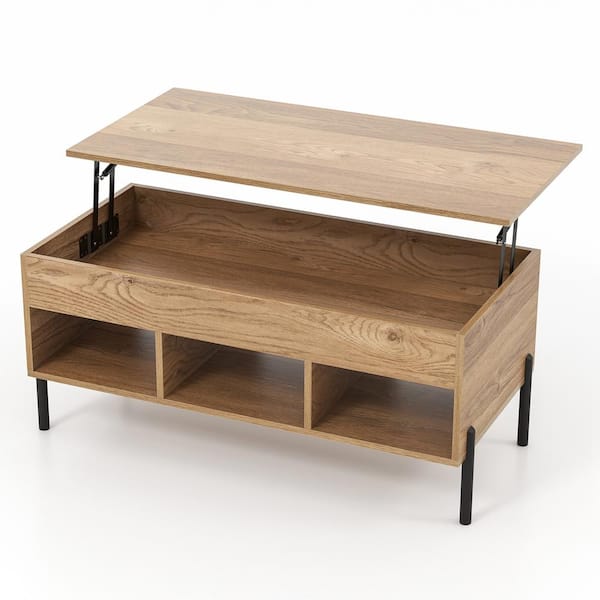 Costway 39.5 in. Natural Lift Top Rectangle Particle Board Coffee Table with Storage Compartment 3 Open Cubbies