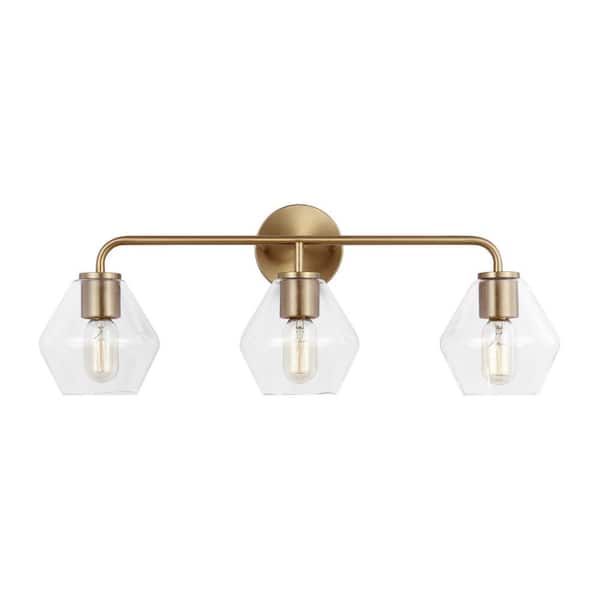 Jett 26 in. 3-Light Satin Brass Modern Transitional Dimmable Wall Bathroom Vanity Light with Clear Glass Shades