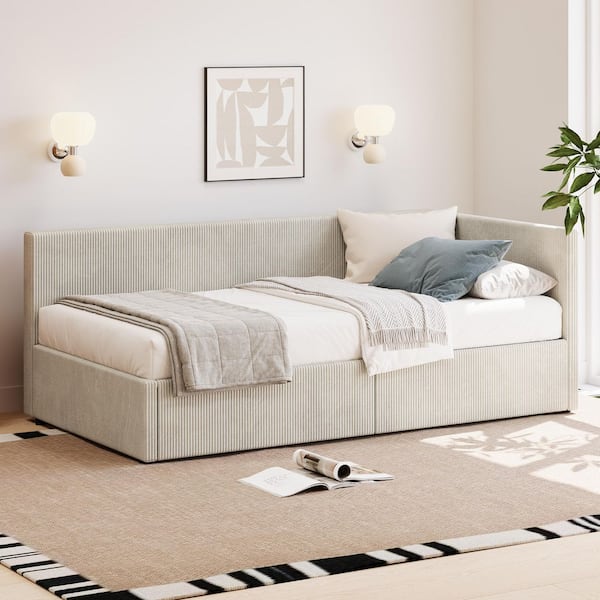 Nursing Beige Corduroy Upholstered Twin Size Daybed with 2 Storage Drawers