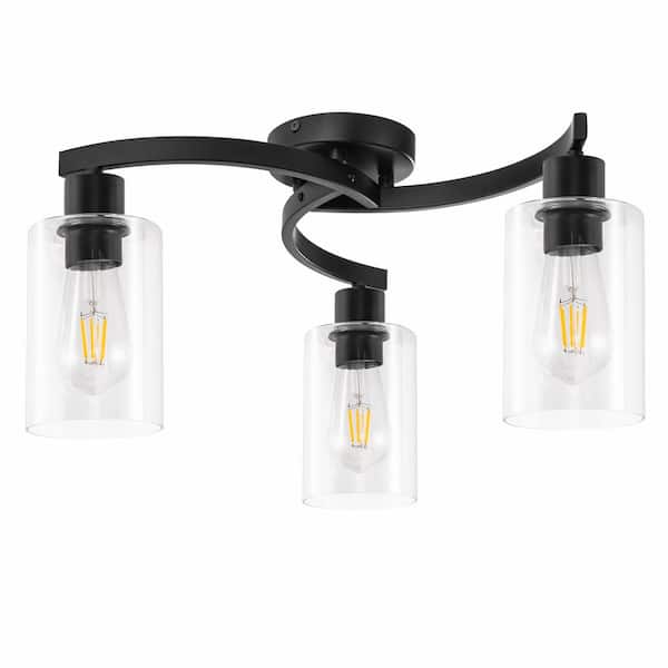16.5 In. 3-Light Matte Black Semi-Flush Mount Lighting with Clear Glass and No Bulbs Included 1-Pack
