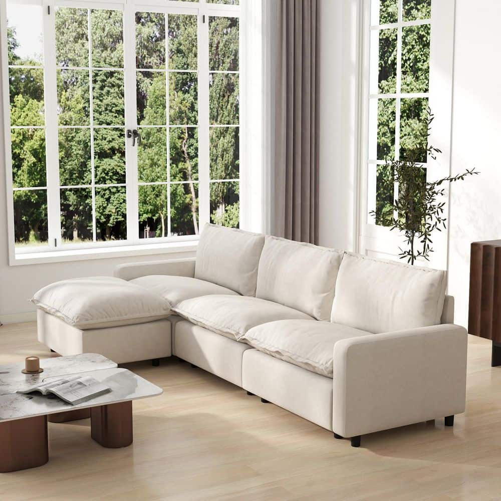 4-Piece Linen Oversized 116.1 in. W Sectional Sofa Modular Free Combination Living Room Set with Ottoman in. Beige