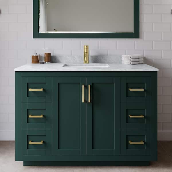 Wyndham Collection Miranda 48 in. W x 22 in. D x 33.75 in. H Single Sink Bath Vanity in Green with White Carrara Marble Top and Mirror