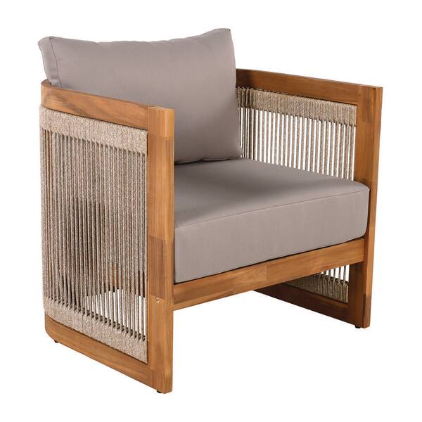 Acacia Wood Outdoor Lounge Chair with Gray Cushion, Patio Club Chair (1-Pack)