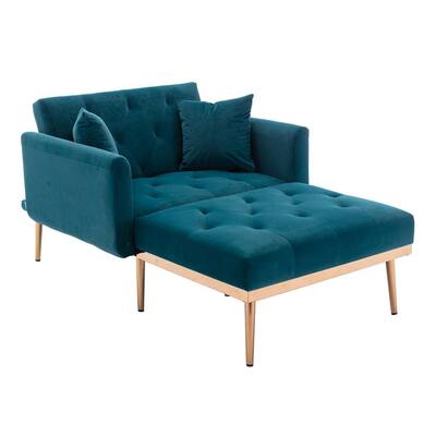 Modern Teal Velvet Chaise Tufted Lounge with 2-Pillows