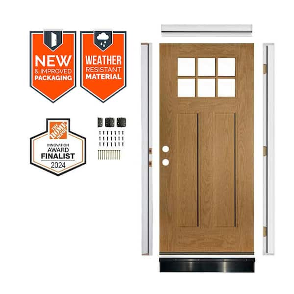 36in.x79in. Craftsman 6-Lite Clear Glass RH Bourbon Stain Fiberglass AssemblyRequired Front Door Kit w/QuickAssembleJamb