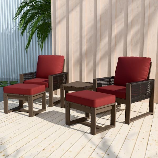 EAGLE PEAK 5-Pieces Cedar Wood Wicker Outdoor Patio Conversation Set with Red Cushions, Square Coffee Table, Ottomans