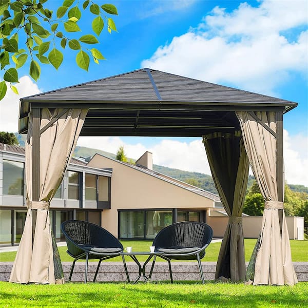 Clihome 10 ft. x 10 ft. Outdoor Hardtop Gazebo Permanent Canopy with Galvanized Steel Single Roof, Curtains and Netting