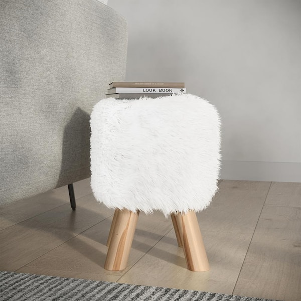 White Polyester Faux Fur Fabric Round Footrest 11 in. Ottoman