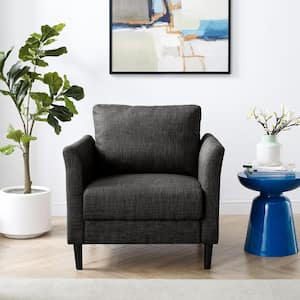 Black Living Room Accent Chair, Mid Century Single Sofa Chair with Flared Arm, Comfy Linen Fabric Cushion, Wooden Leg