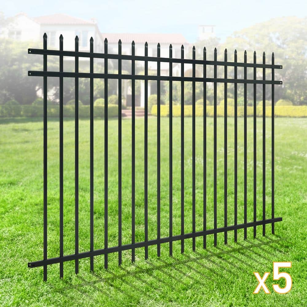 Heavy Duty Black Metal Pointed Top Fence Panels, 5ft x 8ft, Pack of 5