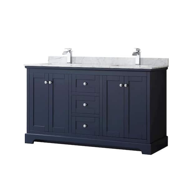 Wyndham Collection Avery 60-in Dark Blue Double Sink Bathroom Vanity with White Carrara Marble Natural Marble Top