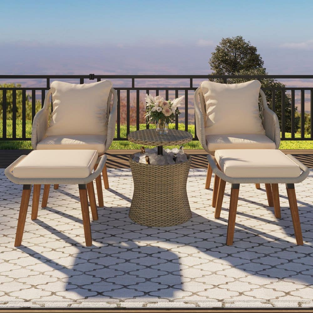 5-Piece Brown Wicker Patio Conversation Set with Cool Bar Table Ottomans and Brown Cushions price history on PriceWatchPro