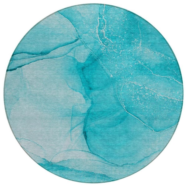 Teal 8 ft. Round Abstract Indoor / Outdoor Area Rug