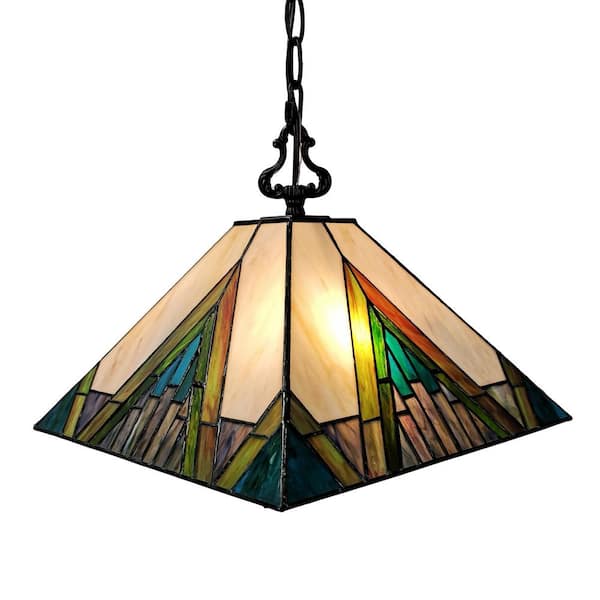 Amora Lighting Tiffany 2-Light Green & Tan Hanging Pendant with Stained Glass Shade