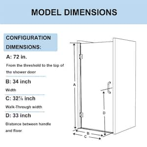 34 in. W x 72 in. H Frameless Hinged Shower Door in Chrome with Handle and Clear Glass