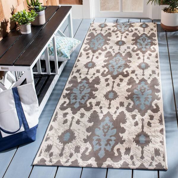 Courtyard Beige Dark Beige/Aqua Weft 3 ft. x 8 ft. Ikat Indoor/Outdoor Patio  Runner Rug