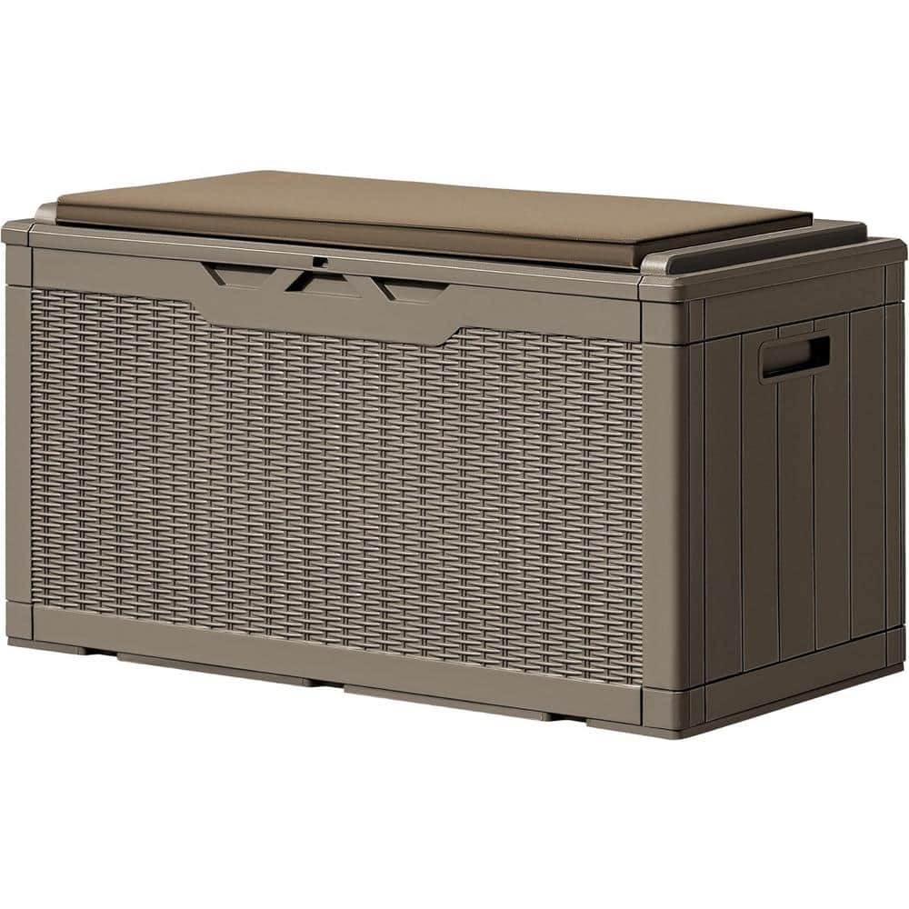 100 Gal. Light Coffee Resin Deck Box with Cushions for Garden Tools, Patio 