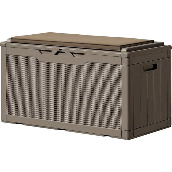Unbranded 100 Gal. Light Coffee Resin Deck Box with Cushions for Garden Tools, Patio Furniture Pillows, and Pool Supplies