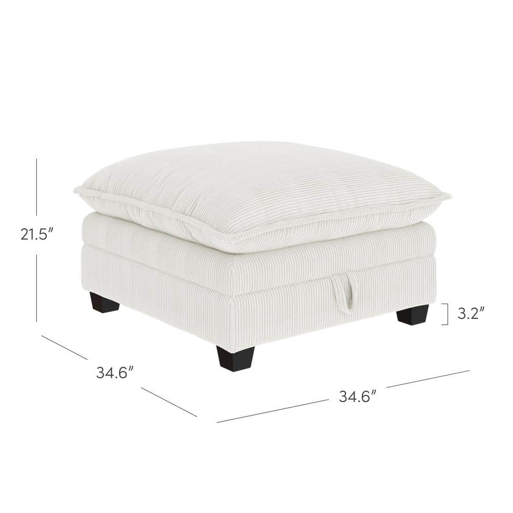 Pearl White Corduroy Upholstered Storage Ottoman with Removable Cushions