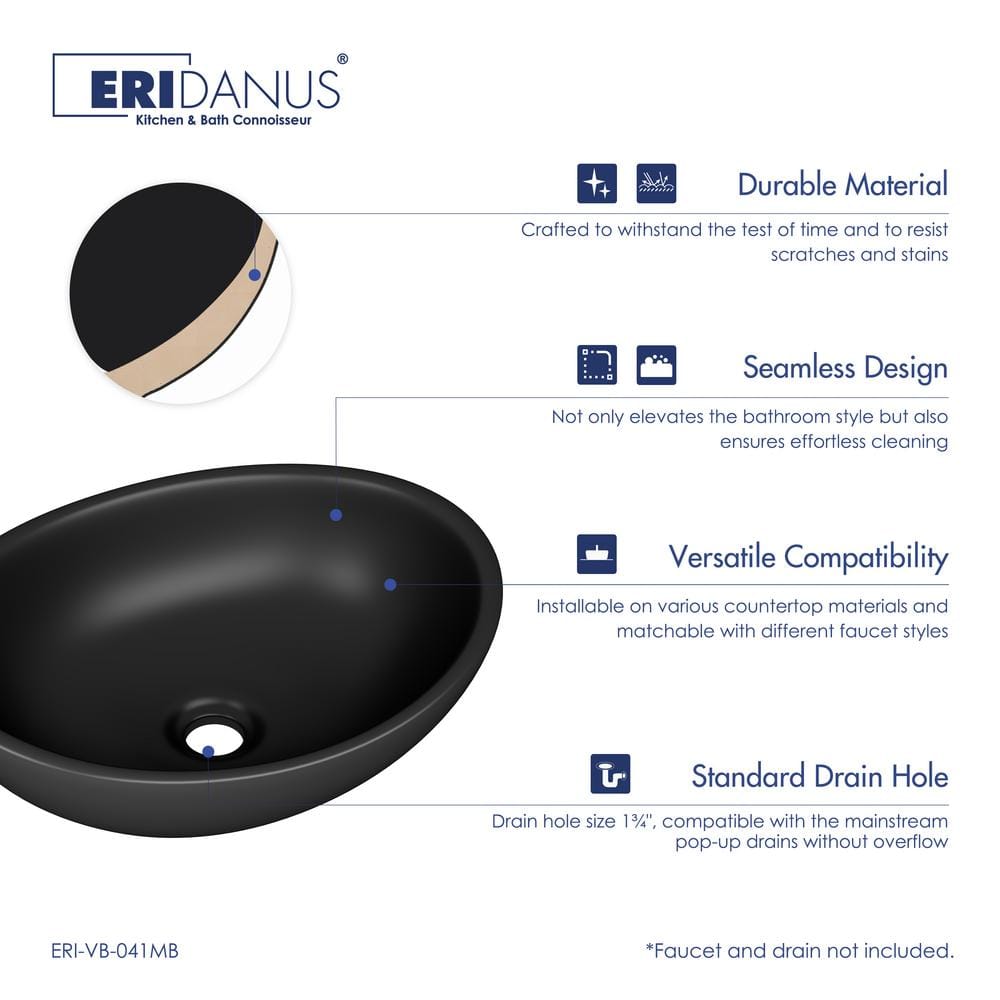 Matte Black Ceramic Oval Vessel Bathroom Sink