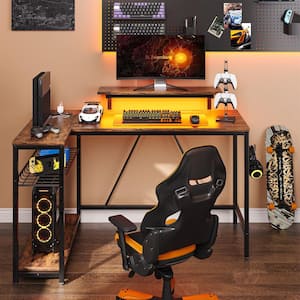 48 in. L-Shaped Rustic Brown LED Gaming Desk with Storage Shelf and Power Outlets