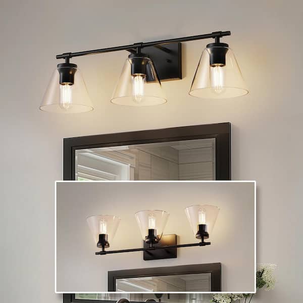 25 in. 3-Light Black Vanity Light with Clear Cone Glass Shades for Bathroom, Vanity, Mirror