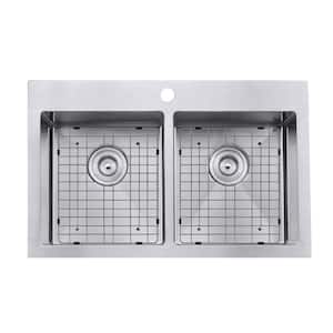 Prestige Series Drop-In Stainless Steel 30 in. 1-Hole Double Bowl Kitchen Sink with Grids and Strainers