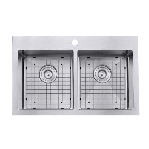 Ancona Prestige Series Drop-In Stainless Steel 30 in. 1-Hole Double Bowl Kitchen Sink with Grids and Strainers