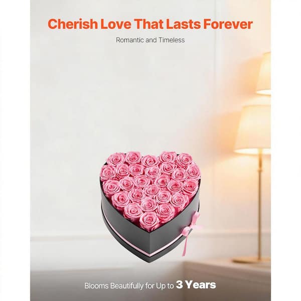 SKYSHALO 27 Preserved Roses in a Heart-Shaped Box, 5.51 in. Pink