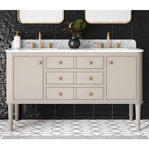 Collette 60 in W x 22 in D x 35 in H Double Sink Bath Vanity in Greige With White Carrara Marble Top