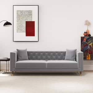 Louise 91 in. W Luxury Modern Square Arm Tufted Velvet Living Room Rectangle Couch in Light Gray