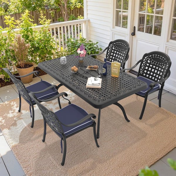 5-Piece Black Cast Aluminum Outdoor Dining Set with Blue Cushions
