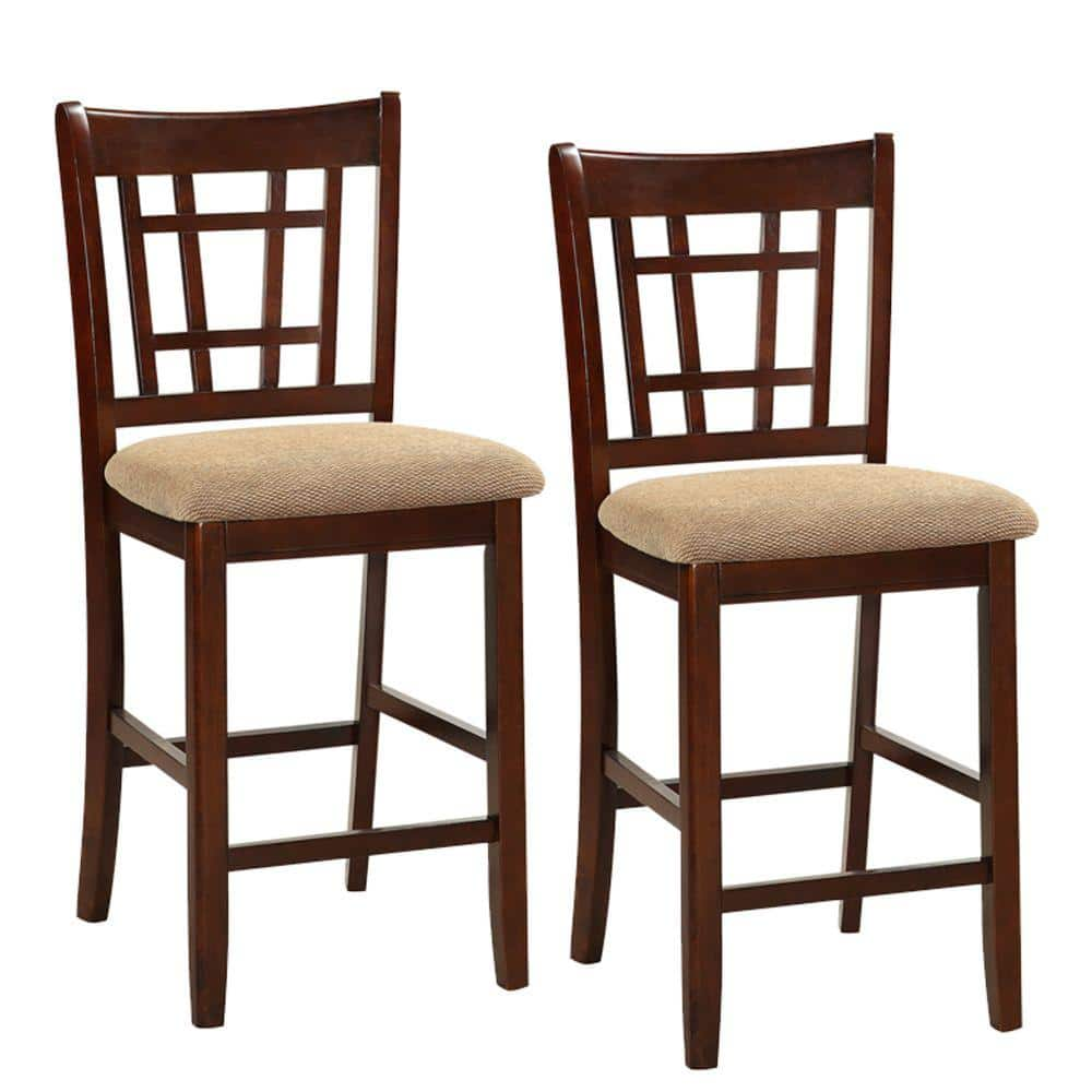 Benjara 41 In Dark Brown And Cream Wooden Counter Height Chair Set Of 2 Bm166589 The Home Depot