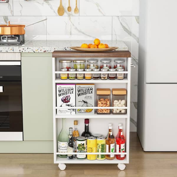 Kitchen Storage Rolling Cart, Kitchen Cart With Lockable Wheels, 5 Tier Metal Wire Basket Shelf Wooden Handle Wood Cover Top Island Home Office
