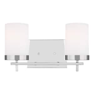 Zire 14 in. W 2-Light Chrome Bathroom Vanity Light with Etched White Glass Shades